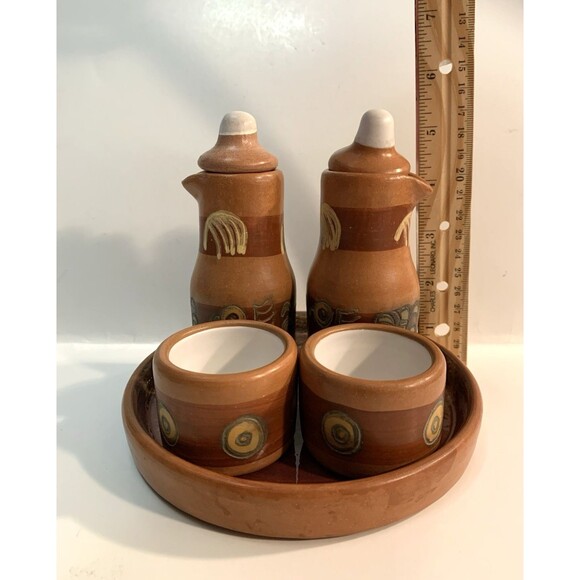 Seminario Pottery Urubamba Cusco Peru 7 Piece Oil Vinegar Tea Service Set Tray - Picture 8 of 13
